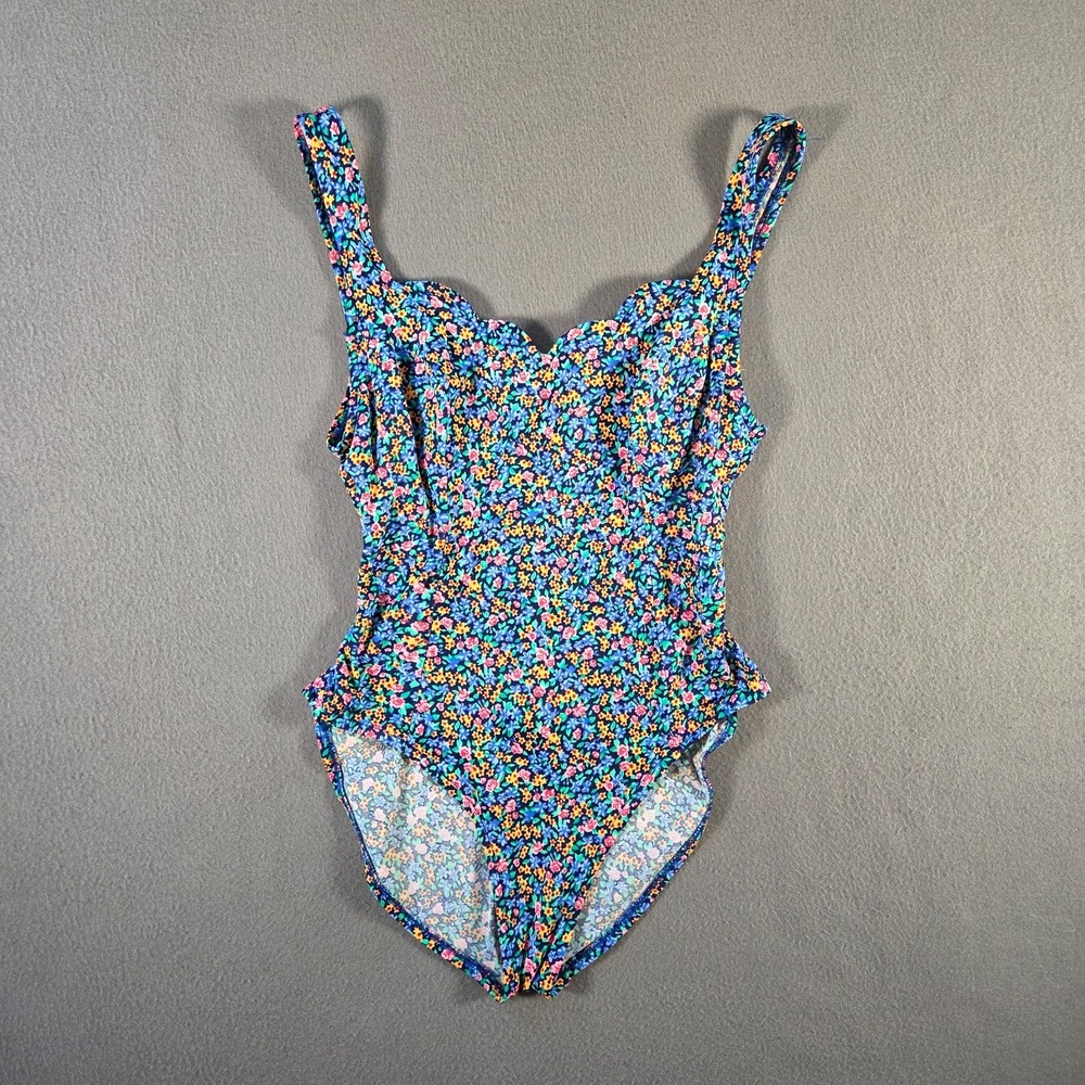Vintage Sunrays Bathing Suit Womens Small Floral Print 1 Piece Scallop 80s
